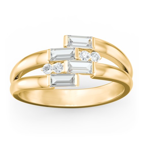 Engravable 4 Baguette Gemstone Ring with Accents – 10K Yellow Gold with Cubic Zirconia and White Premium Zirconia