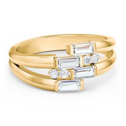 Engravable 4 Baguette Gemstone Ring with Accents – 10K Yellow Gold with Cubic Zirconia and White Premium Zirconia