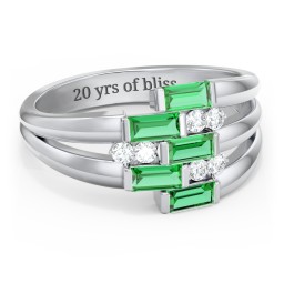 Engravable 5 Baguette Gemstone Ring with Accents in 925 Sterling Silver with Emerald and White Premium Zirconia