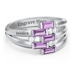 Engravable 5 Baguette Gemstone Ring with Accents in 925 Sterling Silver with Amethyst and White Premium Zirconia