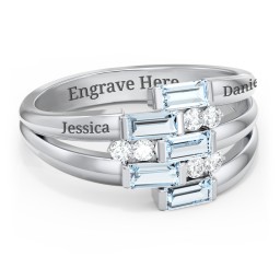 Engravable 5 Baguette Gemstone Ring with Accents in 925 Sterling Silver with Aquamarine and White Premium Zirconia