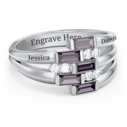 Engravable 5 Baguette Gemstone Ring with Accents in 925 Sterling Silver with Alexandrite and White Premium Zirconia