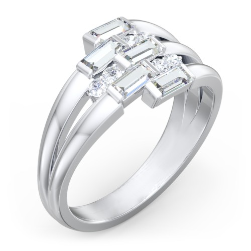 Engravable 5 Baguette Gemstone Ring with Accents – Sterling Silver with Cubic Zirconia and White Premium Zirconia