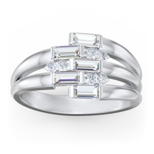 Engravable 5 Baguette Gemstone Ring with Accents – Sterling Silver with Cubic Zirconia and White Premium Zirconia