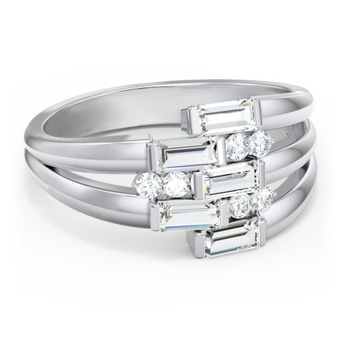 Engravable 5 Baguette Gemstone Ring with Accents – Sterling Silver with Cubic Zirconia and White Premium Zirconia