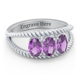 Oval Birthstone Ring with Twisted Rope Band in 925 Sterling Silver with Amethyst and Aquamarine
