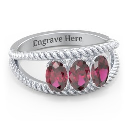 Oval Birthstone Ring with Twisted Rope Band in 925 Sterling Silver with Ruby, Aquamarine, and Amethyst