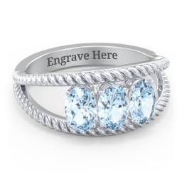 Oval Birthstone Ring with Twisted Rope Band in 925 Sterling Silver with Aquamarine and Amethyst