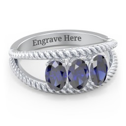 Oval Birthstone Ring with Twisted Rope Band in 925 Sterling Silver with Blue Sapphire, Aquamarine, and Amethyst