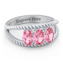 Oval Birthstone Ring with Twisted Rope Band in 925 Sterling Silver with Pink Tourmaline, Aquamarine, and Amethyst