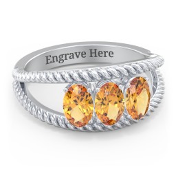 Oval Birthstone Ring with Twisted Rope Band in 925 Sterling Silver with Citrine, Aquamarine, and Amethyst