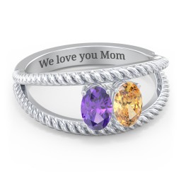 Oval Birthstone Ring with Twisted Rope Band in 925 Sterling Silver with Amethyst, Citrine, Cubic Zirconia, and Aquamarine
