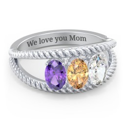 Oval Birthstone Ring with Twisted Rope Band in 925 Sterling Silver with Amethyst, Citrine, Cubic Zirconia, and Aquamarine
