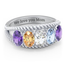 Oval Birthstone Ring with Twisted Rope Band in 925 Sterling Silver with Amethyst, Citrine, Cubic Zirconia, and Aquamarine