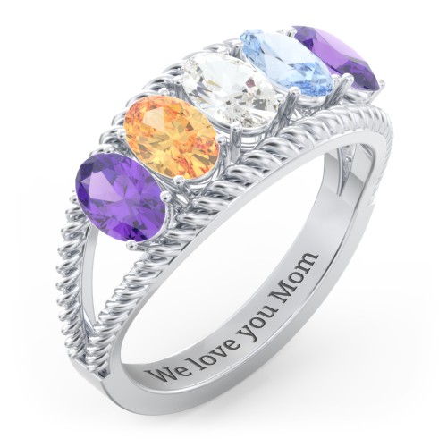 Oval Birthstone Ring with Twisted Rope Band – Sterling Silver with Amethyst, Citrine, Cubic Zirconia, and Aquamarine