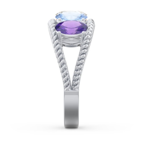 Oval Birthstone Ring with Twisted Rope Band – Sterling Silver with Amethyst, Citrine, Cubic Zirconia, and Aquamarine