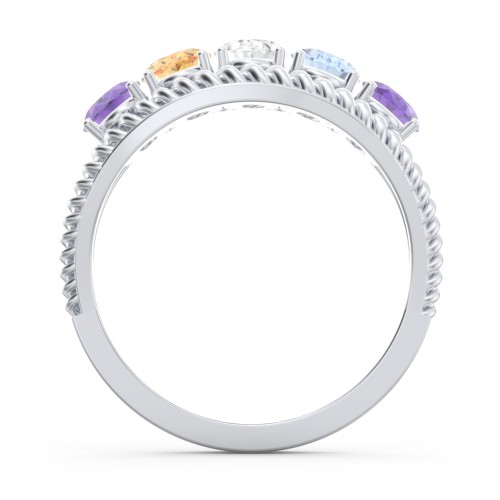 Oval Birthstone Ring with Twisted Rope Band – Sterling Silver with Amethyst, Citrine, Cubic Zirconia, and Aquamarine