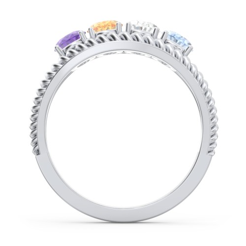 Oval Birthstone Ring with Twisted Rope Band – Sterling Silver with Amethyst, Citrine, Cubic Zirconia, and Aquamarine