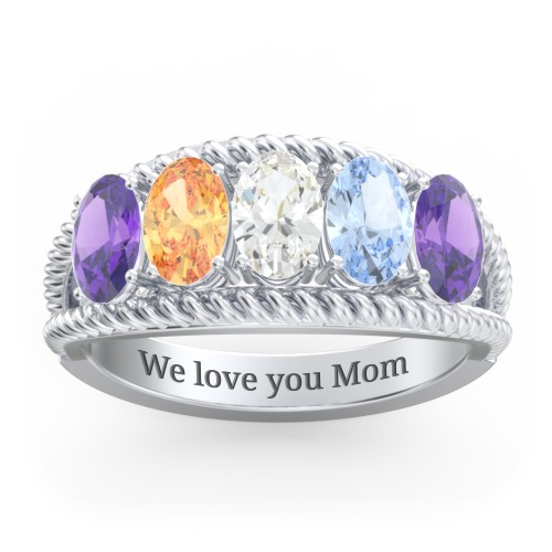 Oval Birthstone Ring with Twisted Rope Band – Sterling Silver with Amethyst, Citrine, Cubic Zirconia, and Aquamarine