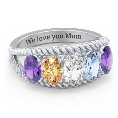Oval Birthstone Ring with Twisted Rope Band – Sterling Silver with Amethyst, Citrine, Cubic Zirconia, and Aquamarine