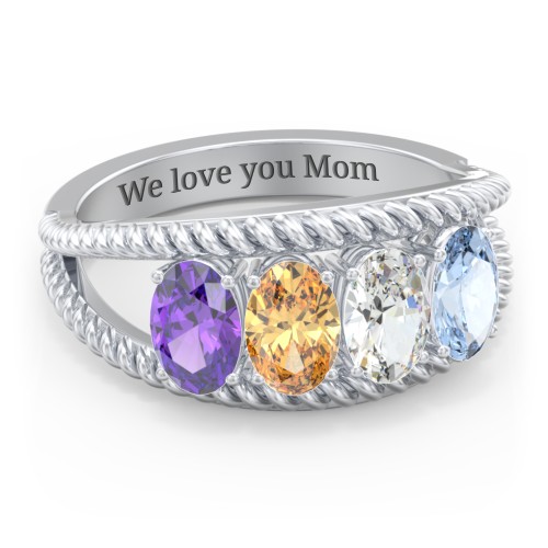 Oval Birthstone Ring with Twisted Rope Band – Sterling Silver with Amethyst, Citrine, Cubic Zirconia, and Aquamarine