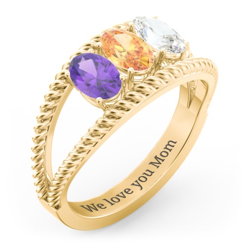 Oval Birthstone Ring with Twisted Rope Band – 10K Yellow Gold with Amethyst, Citrine, and Cubic Zirconia