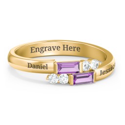 Engravable Baguette Gemstone Ring with Accents in 18K Gold Plated Silver with Amethyst and White Premium Zirconia