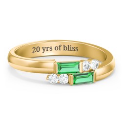 Engravable Baguette Gemstone Ring with Accents in 18K Gold Plated Silver with Emerald and White Premium Zirconia