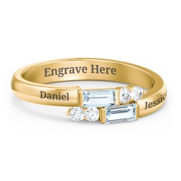 Engravable Baguette Gemstone Ring with Accents in 18K Gold Plated Silver with Aquamarine and White Premium Zirconia