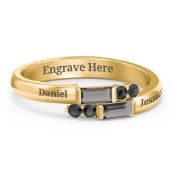 Engravable Baguette Gemstone Ring with Accents in 18K Gold Plated Silver with Smokey Quartz and Black Premium Zirconia