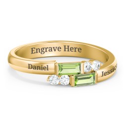 Engravable Baguette Gemstone Ring with Accents in 18K Gold Plated Silver with Peridot and White Premium Zirconia
