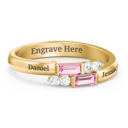 Engravable Baguette Gemstone Ring with Accents in 18K Gold Plated Silver with Pink Tourmaline and White Premium Zirconia