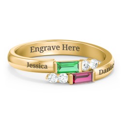 Engravable Baguette Gemstone Ring with Accents in 18K Gold Plated Silver with Emerald, Ruby, and White Premium Zirconia