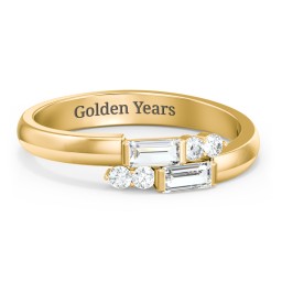 Engravable Baguette Gemstone Ring with Accents in 18K Gold Plated Silver with Cubic Zirconia and White Premium Zirconia