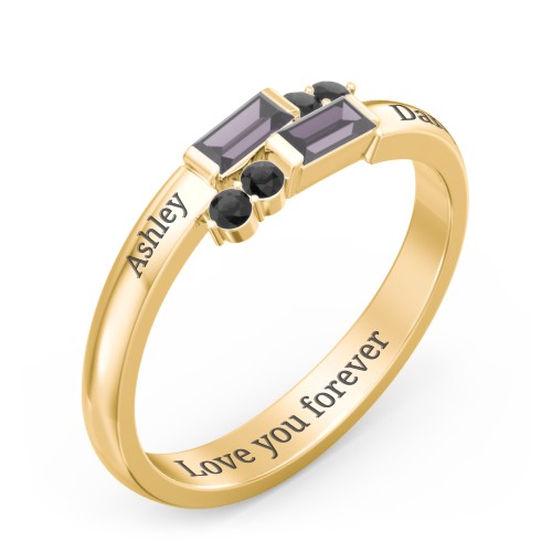 Engravable Baguette Gemstone Ring with Accents – 18K Gold Plated Silver with Alexandrite and Black Premium Zirconia