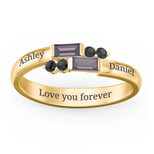 Engravable Baguette Gemstone Ring with Accents – 18K Gold Plated Silver with Alexandrite and Black Premium Zirconia