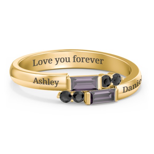 Engravable Baguette Gemstone Ring with Accents – 18K Gold Plated Silver with Alexandrite and Black Premium Zirconia