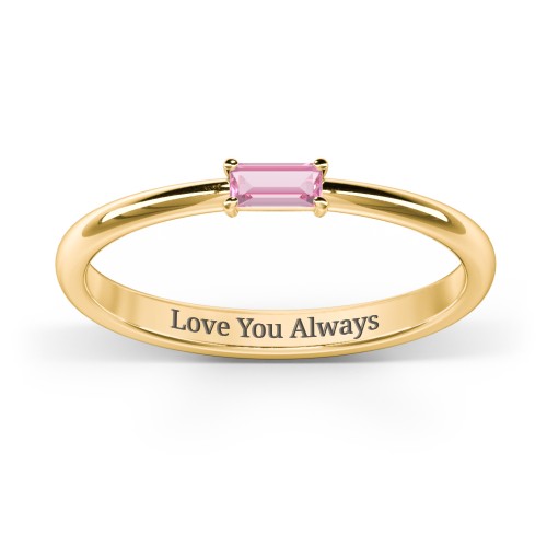 Engravable Baguette Ring with East-West Setting – 18K Gold Plated Silver with Pink Tourmaline