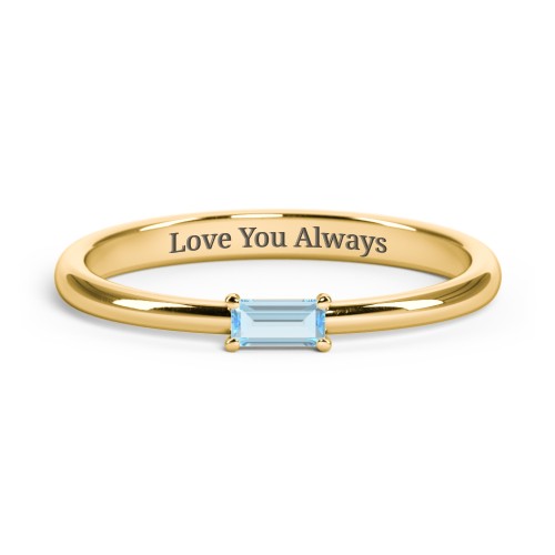 Engravable Baguette Ring with East-West Setting – 10K Yellow Gold with Blue Topaz