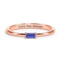 Engravable Baguette Ring with East-West Setting in 10K Solid Rose Gold with Blue Sapphire