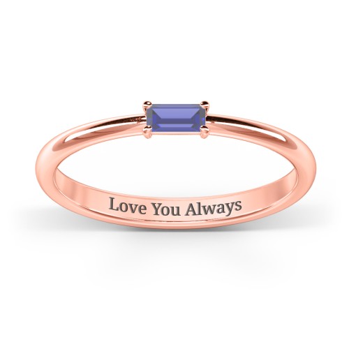 Engravable Baguette Ring with East-West Setting – 10K Rose Gold with Blue Sapphire