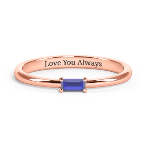 Engravable Baguette Ring with East-West Setting – 10K Rose Gold with Blue Sapphire