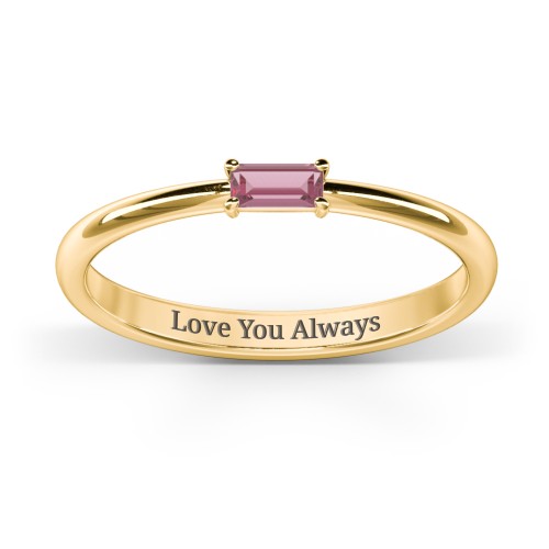 Engravable Baguette Ring with East-West Setting – 10K Yellow Gold with Pink Tourmaline