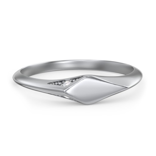 Women's Kite Signet Ring with Accents – 10K White Gold with White Premium Zirconia