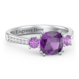 3 Stone Cushion Cut Duchess Ring with Accents in 925 Sterling Silver with Amethyst and White Premium Zirconia