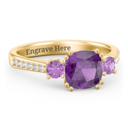 3 Stone Cushion Cut Duchess Ring with Accents in 18K Gold Plated Silver with Amethyst and White Premium Zirconia