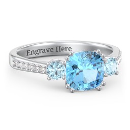 3 Stone Cushion Cut Duchess Ring with Accents in 925 Sterling Silver with Blue Topaz and White Premium Zirconia