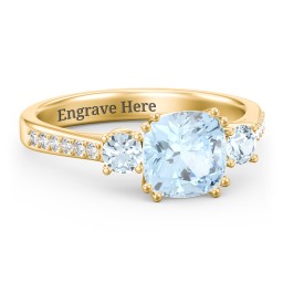 3 Stone Cushion Cut Duchess Ring with Accents in 18K Gold Plated Silver with Aquamarine and White Premium Zirconia