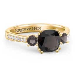 3 Stone Cushion Cut Duchess Ring with Accents in 18K Gold Plated Silver with Smokey Quartz and White Premium Zirconia