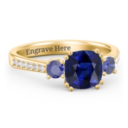3 Stone Cushion Cut Duchess Ring with Accents in 18K Gold Plated Silver with Blue Sapphire and White Premium Zirconia